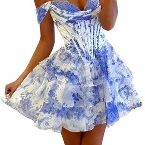 Floral Blue and White Off-Shoulder Dress
